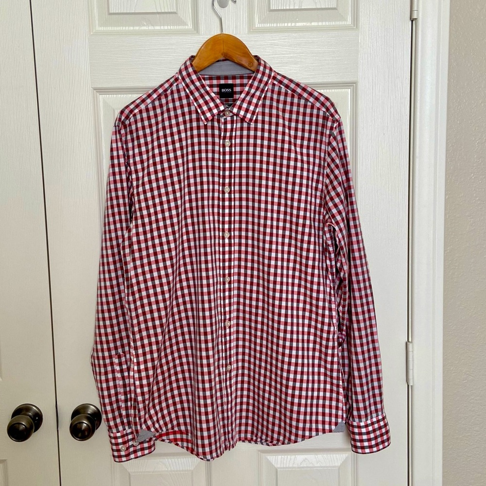 Hugo Boss Red and Gray Checkered Long Sleeve Collared Shirt Size XL